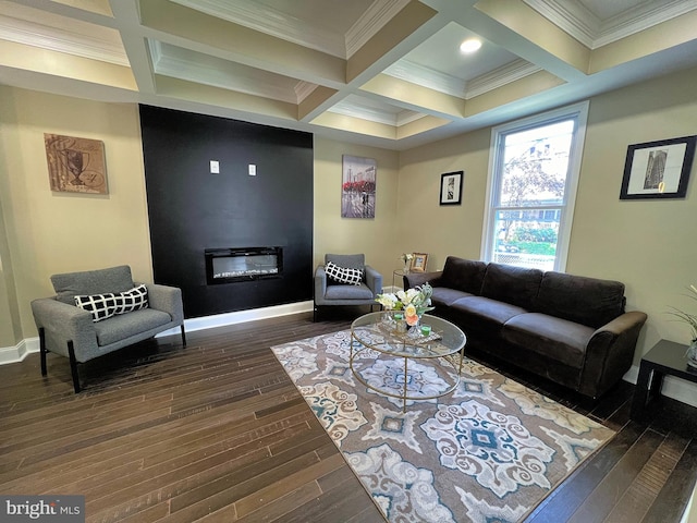 living room with beam ceiling, dark hardwood / wood-style flooring, and coffered ceiling