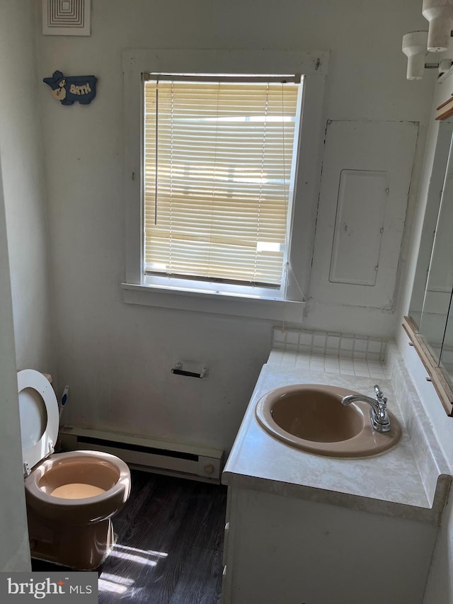 bathroom featuring vanity, a healthy amount of sunlight, a baseboard radiator, and toilet