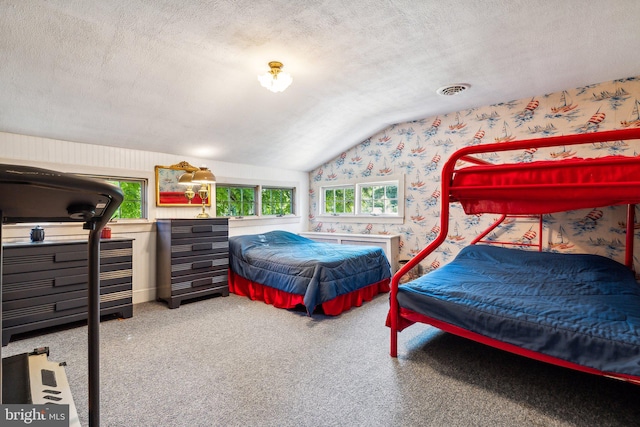 bedroom with vaulted ceiling, a textured ceiling, and carpet