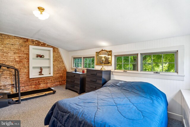 bedroom with lofted ceiling, multiple windows, and light carpet