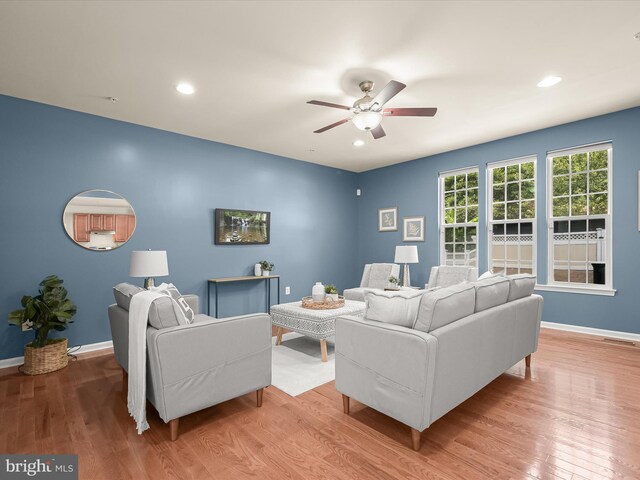 living room with ceiling fan and wood-type flooring