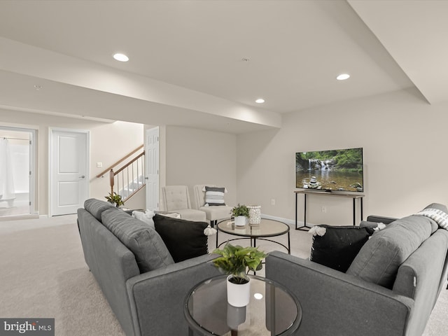 living room featuring light colored carpet