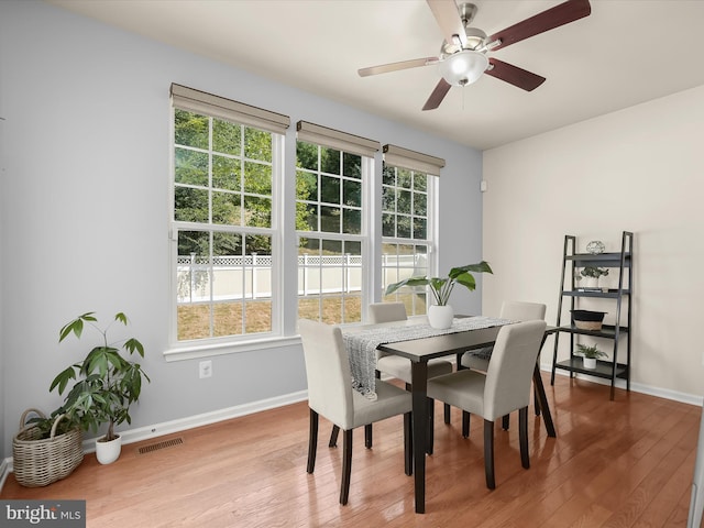 dining area featuring hardwood / wood-style flooring and ceiling fan