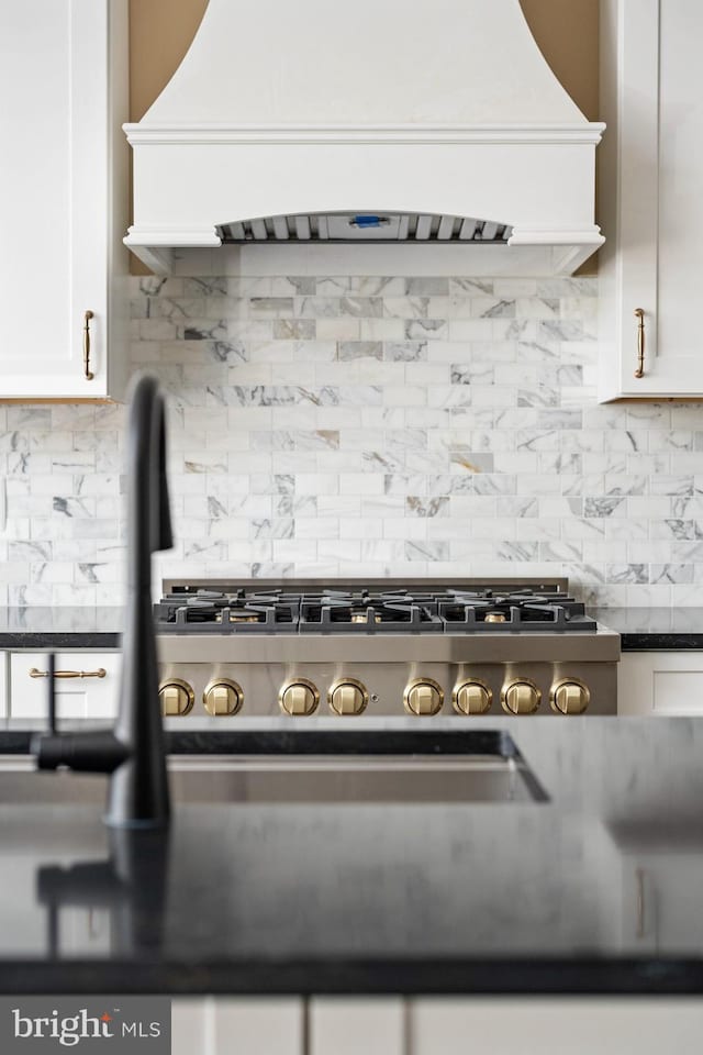 details featuring decorative backsplash, white cabinets, and custom exhaust hood