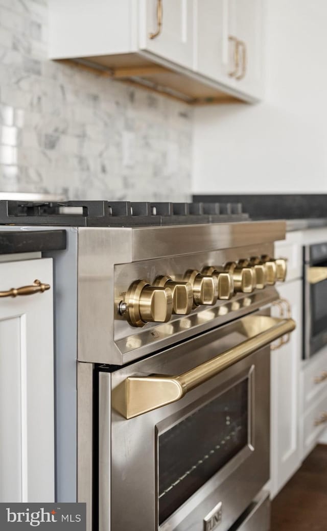 details with high end range, decorative backsplash, wall oven, and white cabinetry