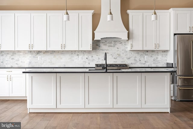 kitchen featuring stainless steel fridge, white cabinetry, pendant lighting, and custom exhaust hood