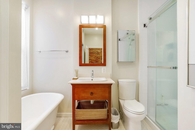 full bathroom with tile patterned floors, plus walk in shower, toilet, and vanity