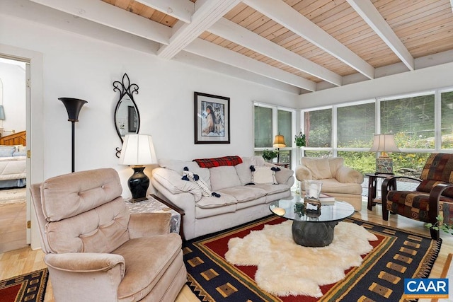 living room featuring wood-type flooring, wooden ceiling, and beam ceiling