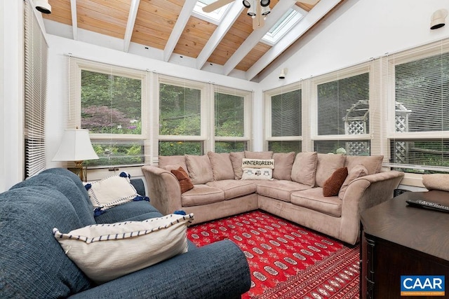 sunroom / solarium with ceiling fan, wooden ceiling, and vaulted ceiling with skylight