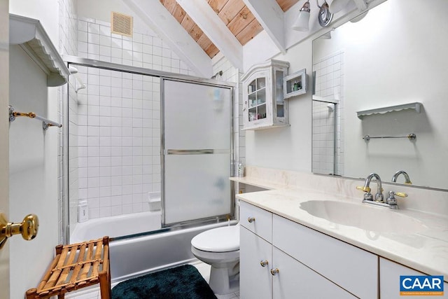 full bathroom featuring toilet, combined bath / shower with glass door, vaulted ceiling with beams, wooden ceiling, and vanity