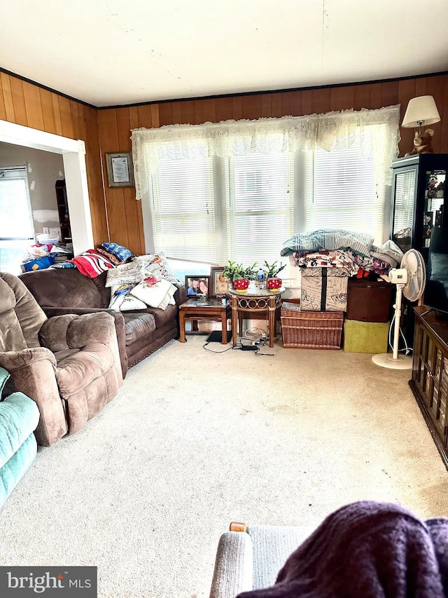 living room featuring a wealth of natural light, wooden walls, and carpet flooring