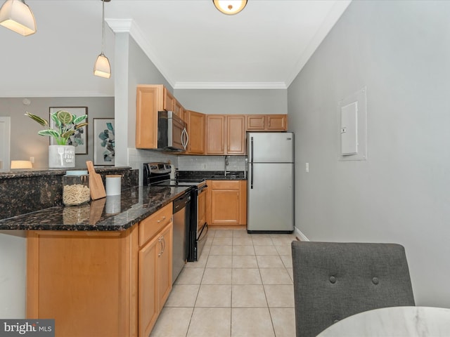 kitchen featuring stainless steel appliances, decorative light fixtures, light tile patterned floors, decorative backsplash, and crown molding