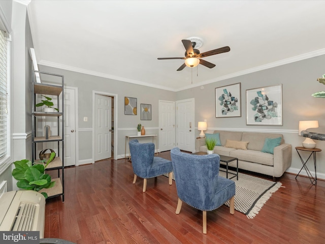 living room featuring ceiling fan, radiator heating unit, hardwood / wood-style floors, and ornamental molding