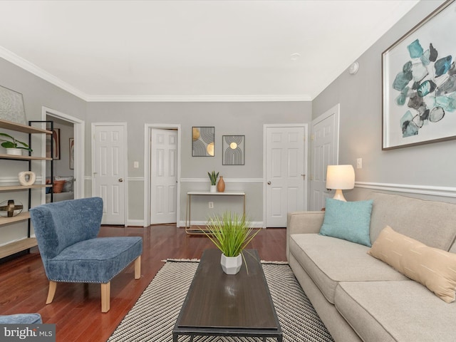 living room featuring ornamental molding and dark hardwood / wood-style flooring