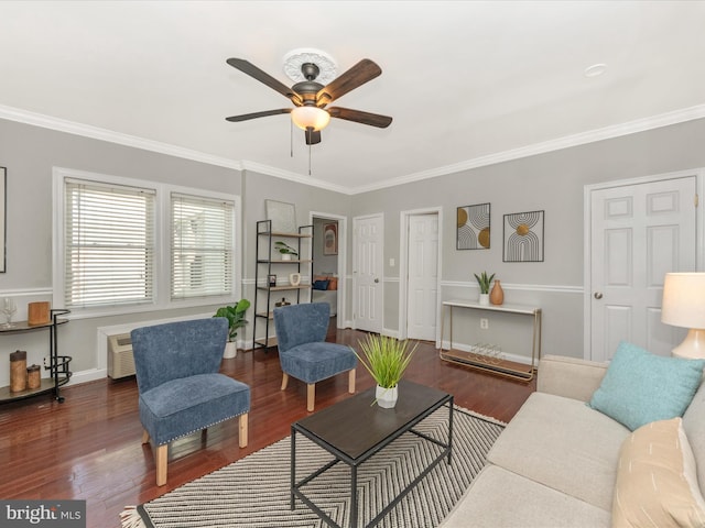 living room featuring wood-type flooring, ceiling fan, and crown molding