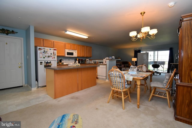 kitchen with light colored carpet, a center island, a chandelier, pendant lighting, and white appliances