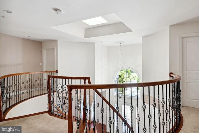 hall featuring carpet flooring and a skylight