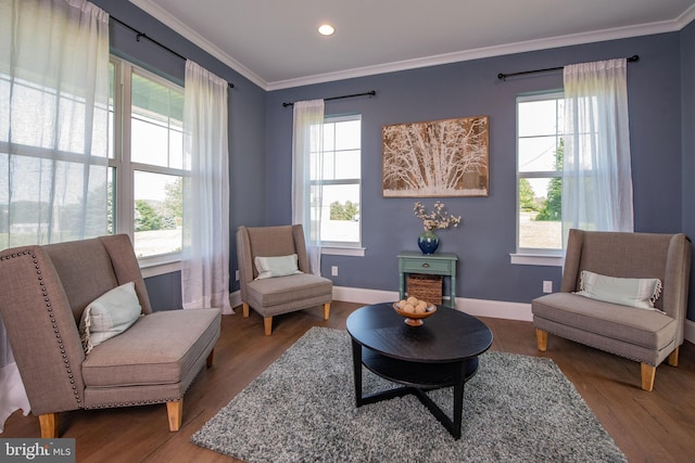 living area with ornamental molding, plenty of natural light, and hardwood / wood-style floors