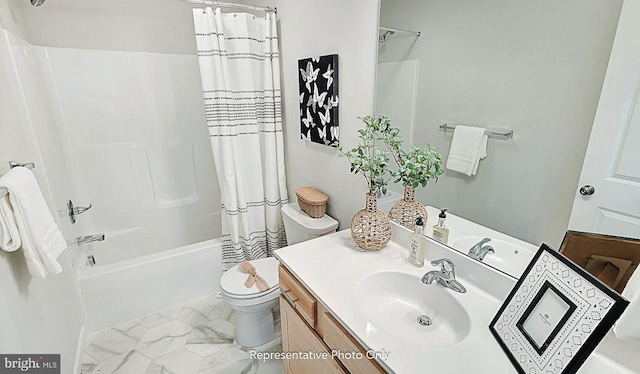 full bathroom featuring tile patterned flooring, toilet, vanity, and shower / bath combo with shower curtain