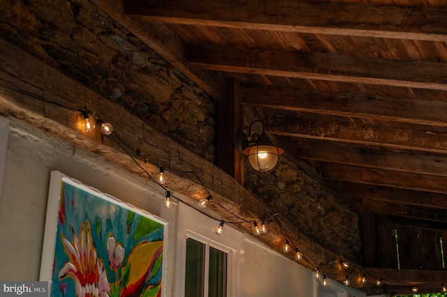 details with beamed ceiling and wooden ceiling