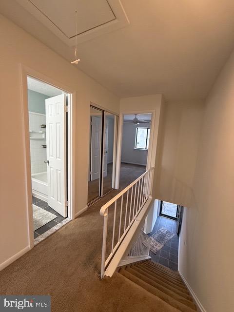 corridor featuring dark colored carpet