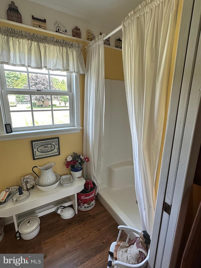 bathroom with wood-type flooring