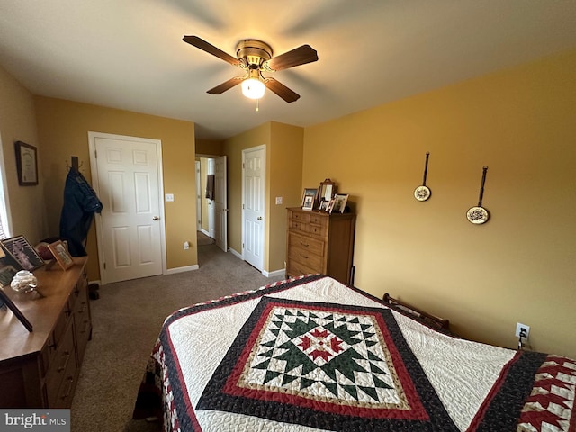 bedroom featuring ceiling fan and carpet flooring