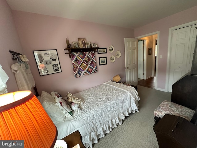 bedroom featuring carpet flooring and a closet