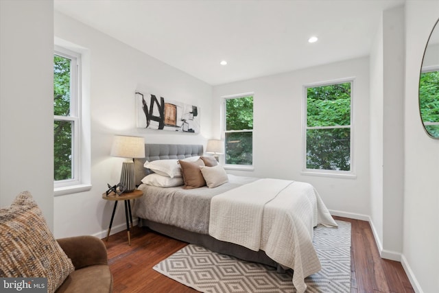 bedroom with dark hardwood / wood-style floors and multiple windows