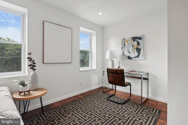 office area featuring dark hardwood / wood-style floors and plenty of natural light