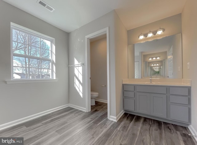 bathroom with wood-type flooring, vanity, and toilet