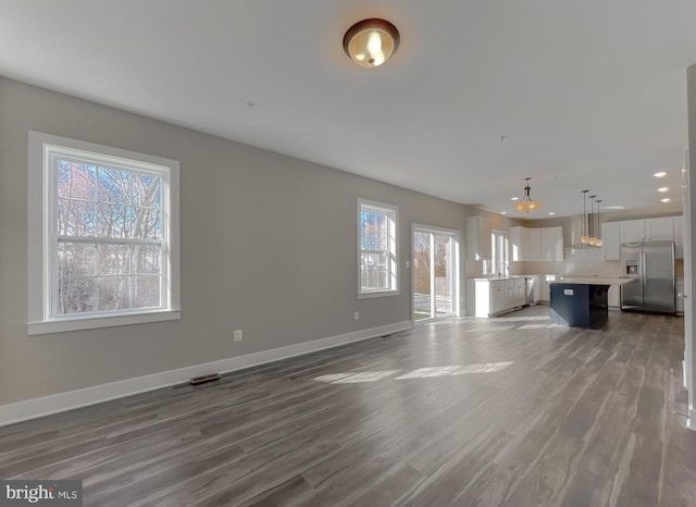 unfurnished living room featuring sink and dark wood-type flooring