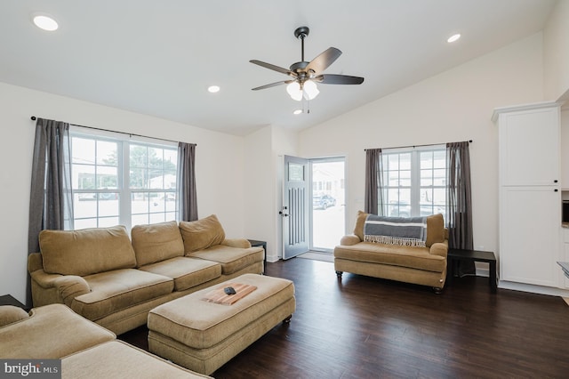 living room with ceiling fan, plenty of natural light, dark hardwood / wood-style floors, and high vaulted ceiling