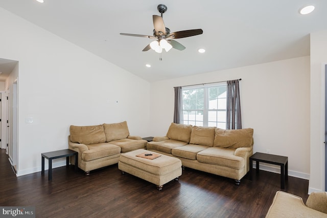 living area featuring vaulted ceiling, recessed lighting, wood finished floors, and baseboards