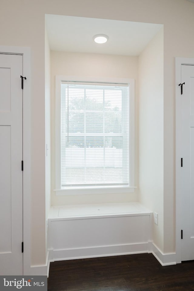 mudroom featuring baseboards and dark wood-style flooring