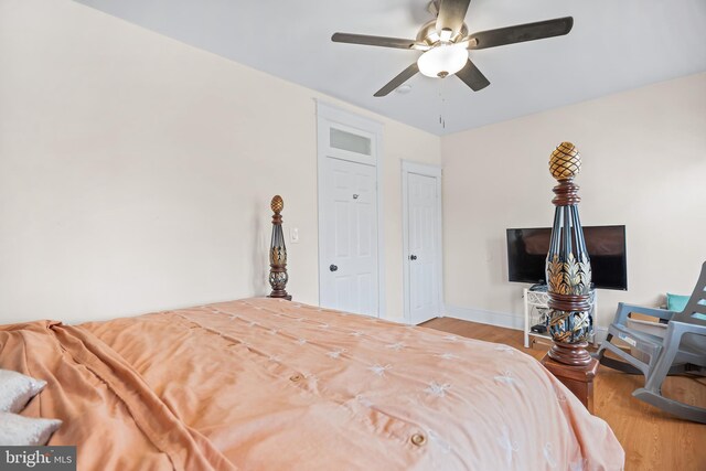 bedroom with ceiling fan and wood-type flooring