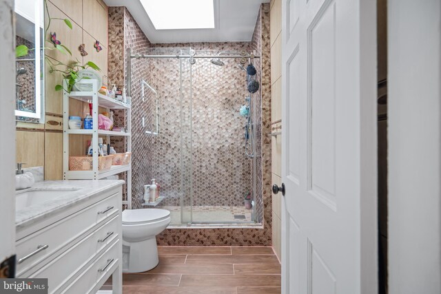 bathroom with a skylight, walk in shower, vanity, and toilet