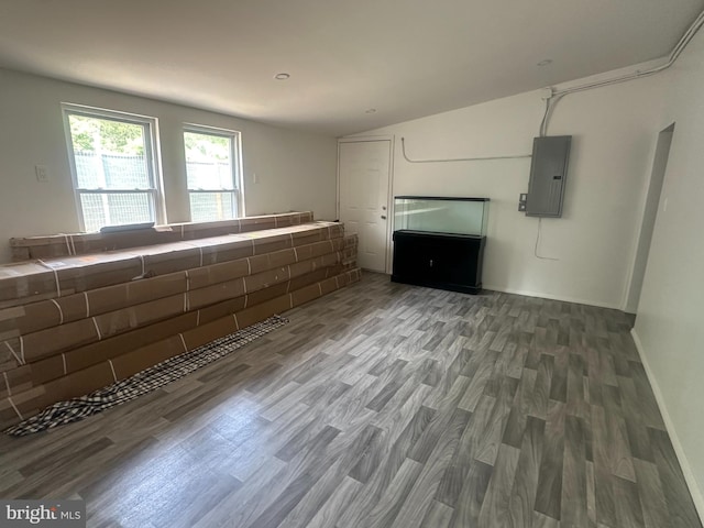 basement with dark wood-type flooring and electric panel