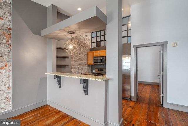 kitchen with hanging light fixtures, a high ceiling, dark hardwood / wood-style floors, and appliances with stainless steel finishes