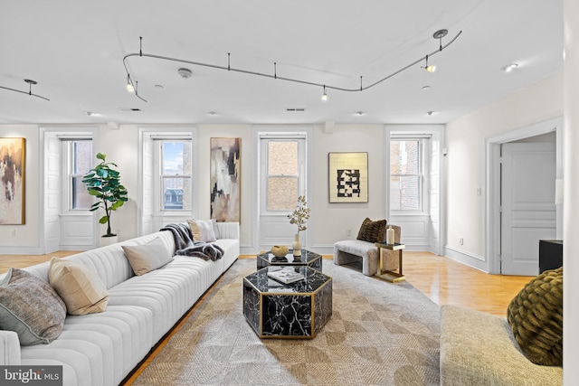 living room featuring light wood-type flooring and rail lighting