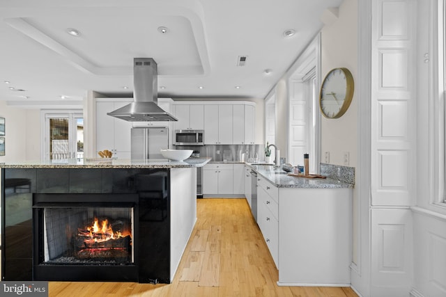 kitchen featuring light wood-type flooring, island exhaust hood, a raised ceiling, stainless steel appliances, and white cabinetry