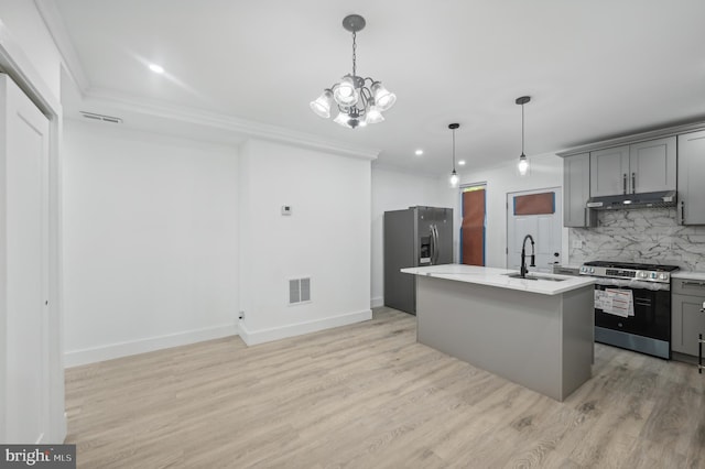 kitchen with gray cabinets, appliances with stainless steel finishes, sink, and a center island with sink