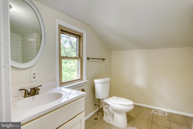 bathroom with vanity, lofted ceiling, and toilet