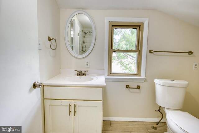 bathroom with lofted ceiling, vanity, and toilet