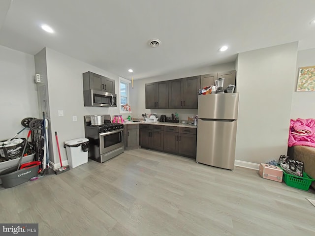 kitchen featuring light wood-type flooring, dark brown cabinets, and stainless steel appliances