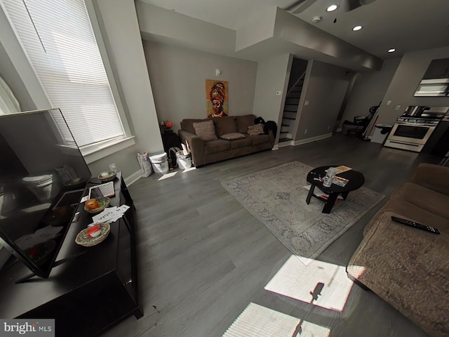 living room with wood-type flooring and ceiling fan