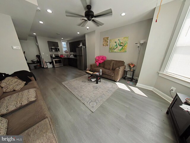 living room featuring ceiling fan and hardwood / wood-style flooring