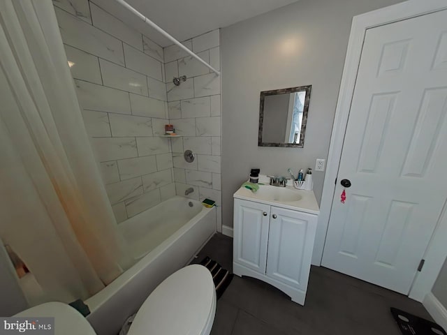 full bathroom with vanity, tile patterned floors, toilet, and shower / tub combo with curtain