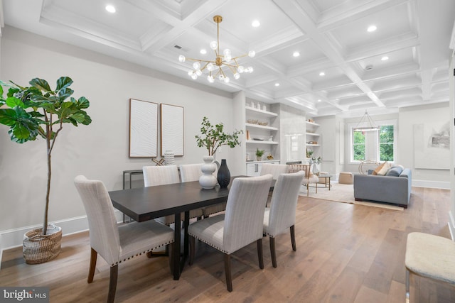 dining room with hardwood / wood-style floors, coffered ceiling, a notable chandelier, beam ceiling, and built in shelves