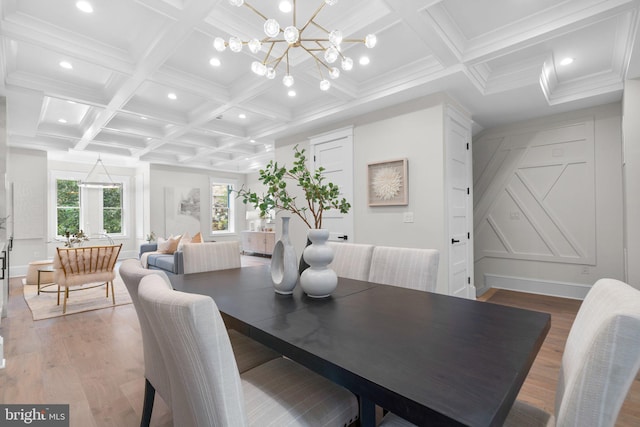 dining area featuring beamed ceiling, wood-type flooring, coffered ceiling, and a chandelier